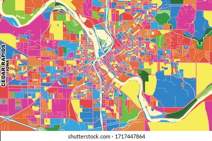 Colorful vector map of Cedar Rapids, Iowa, USA. Art Map template for selfprinting wall art in landscape format.
