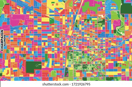 Colorful vector map of Champaign, Illinois, USA. Art Map template for selfprinting wall art in landscape format.