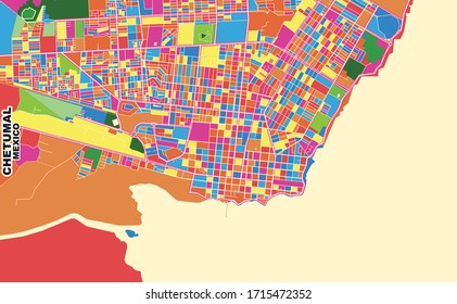 Colorful vector map of Chetumal, Quintana Roo, Mexico. Art Map template for selfprinting wall art in landscape format.