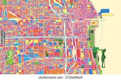 Colorful vector map of Chicago, Illinois, U.S.A.. Art Map template for selfprinting wall art in landscape format.