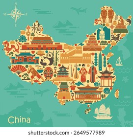 Mapa vetorial colorido da China com símbolos culturais tradicionais arquitetura panda dragão natureza e marcos em estilo plano. Perfeito para viagens impressões lembranças presentes educação turismo e design asiático