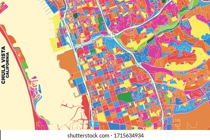 Colorful vector map of Chula Vista, California, U.S.A.. Art Map template for selfprinting wall art in landscape format.