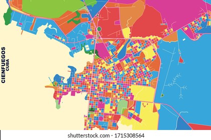 Mapa vectorial colorido de Cienfuegos, Cienfuegos, Cuba. Plantilla de Mapa de Arte para autoimprimir arte en formato paisajístico.