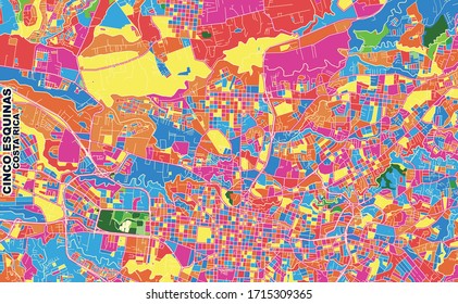 Colorful vector map of Cinco Esquinas, San José, Costa Rica. Art Map template for selfprinting wall art in landscape format.