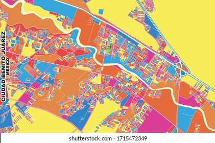 Farbige Vektorillustration Karte von Ciudad Benito Juárez, Nuevo León, Mexiko. Art Map Vorlage für selbstdruckende Wandkunst im Landschaftsformat.