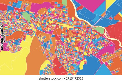 Colorful vector map of Ciudad Acuña, Coahuila, Mexico. Art Map template for selfprinting wall art in landscape format.