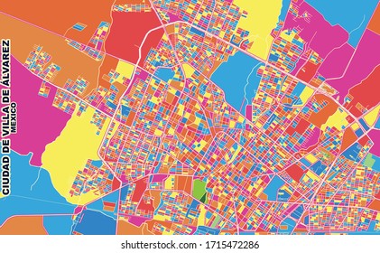 Colorful vector map of Ciudad de Villa de Álvarez, Colima, Mexico. Art Map template for selfprinting wall art in landscape format.