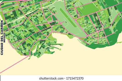 Colorful vector map of Ciudad del Carmen, Campeche, Mexico. Art Map template for selfprinting wall art in landscape format.