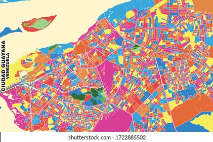 Colorful vector map of Ciudad Guayana, Venezuela. Art Map template for selfprinting wall art in landscape format.