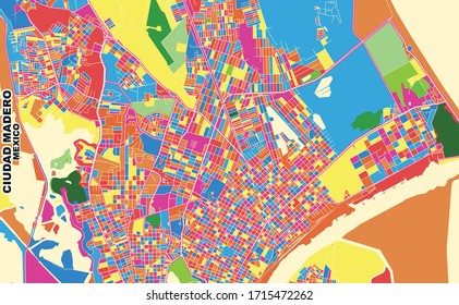 Colorful vector map of Ciudad Madero, Tamaulipas, Mexico. Art Map template for selfprinting wall art in landscape format.