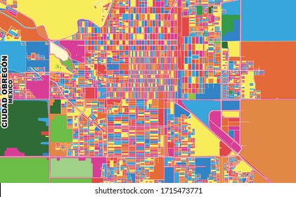 Colorful vector map of Ciudad Obregón, Sonora, Mexico. Art Map template for selfprinting wall art in landscape format.