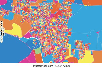 Colorful vector map of Ciudad Valles, San Luis Potosí, Mexico. Art Map template for selfprinting wall art in landscape format.