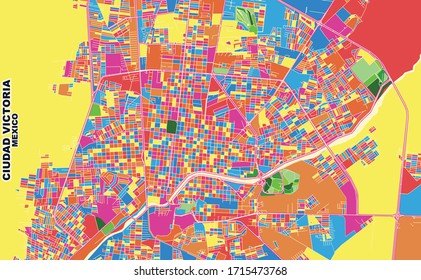 Colorful vector map of Ciudad Victoria, Tamaulipas, Mexico. Art Map template for selfprinting wall art in landscape format.