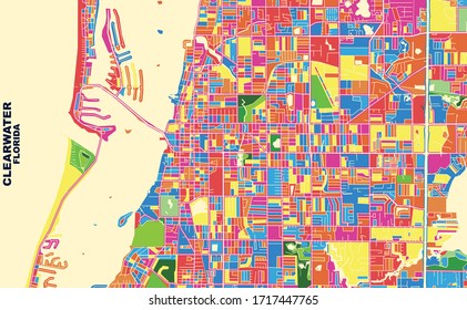Colorful vector map of Clearwater, Florida, USA. Art Map template for selfprinting wall art in landscape format.