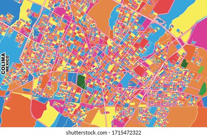 Colorido mapa vectorial de Colima, Colima, México. Plantilla de Mapa de Arte para autoimprimir arte en formato paisajístico.