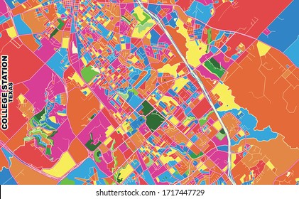 Farbige Vektorillustration Karte von College Station, Texas, USA. Art Map Vorlage für selbstdruckende Wandkunst im Landschaftsformat.