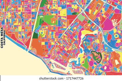 Colorful vector map of Costa Mesa, California, USA. Art Map template for selfprinting wall art in landscape format.
