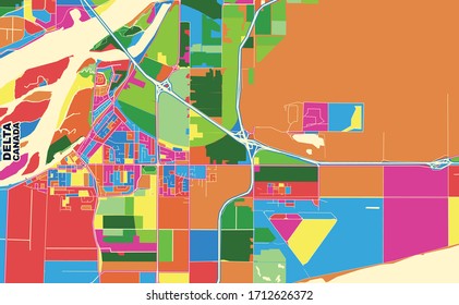 Mapa vectorial colorido de Delta, Columbia Británica, Canadá. Plantilla de Mapa de Arte para autoimprimir arte en formato paisajístico.