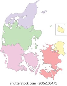 Colorful vector map of Denmark with outline to study the regions 