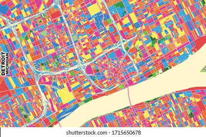 Colorful vector map of Detroit, Michigan, U.S.A.. Art Map template for selfprinting wall art in landscape format.