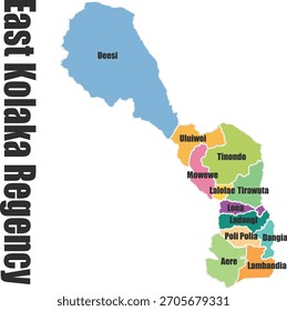 Farbige Vektorkarte von East Kolaka Regency, Southeast Sulawesi, Indonesien, die Bezirksgrenzen und Namen wie Ueesi, Mowewe, Ladongi und Lambandia in einem modernen Flachdesign zeigt.
