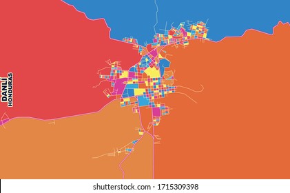 Colorful vector map of Danlí, El Paraíso, Honduras. Art Map template for selfprinting wall art in landscape format.