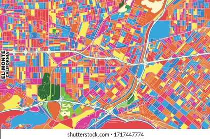 Colorful vector map of El Monte, California, USA. Art Map template for selfprinting wall art in landscape format.