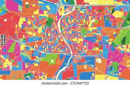 Colorful vector map of Elgin, Illinois, USA. Art Map template for selfprinting wall art in landscape format.