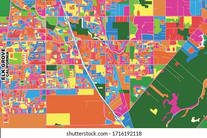 Colorful vector map of Elk Grove, California, USA. Art Map template for selfprinting wall art in landscape format.