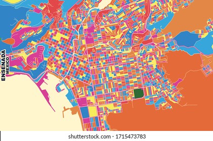 Colorful vector map of Ensenada, Baja California, Mexico. Art Map template for selfprinting wall art in landscape format.