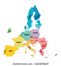 Farbige Vektorillustration-Karte der EU, der Europäischen Union. Mitgliedstaaten nach dem Brexit im Jahr 2020.