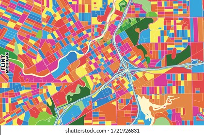 Colorful vector map of Flint, Michigan, USA. Art Map template for selfprinting wall art in landscape format.