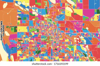 Colorful vector map of Fort Collins, Colorado, USA. Art Map template for selfprinting wall art in landscape format.