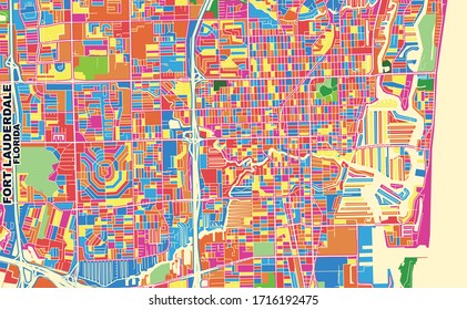 Colorful vector map of Fort Lauderdale, Florida, USA. Art Map template for selfprinting wall art in landscape format.