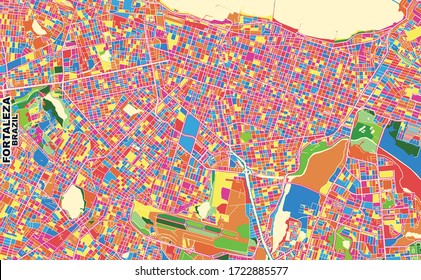 Colorful vector map of Fortaleza, Brazil. Art Map template for selfprinting wall art in landscape format.