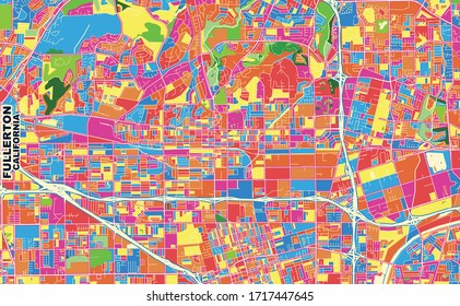 Mapa vectorial colorido de Fullerton, California, EE.UU. Plantilla de Mapa de Arte para autoimprimir arte en formato paisajístico.