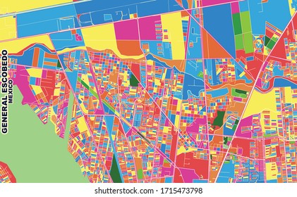 Colorful vector map of General Escobedo, Nuevo León, Mexico. Art Map template for selfprinting wall art in landscape format.