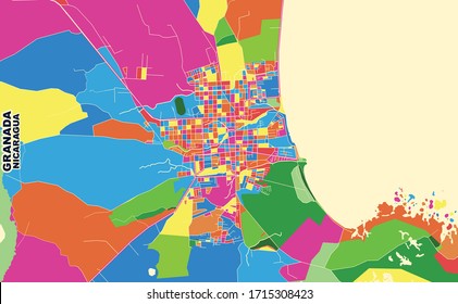 Colorful vector map of Granada, Granada, Nicaragua. Art Map template for selfprinting wall art in landscape format.