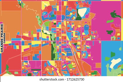 Colorful vector map of Grande Prairie, Alberta, Canada. Art Map template for selfprinting wall art in landscape format.