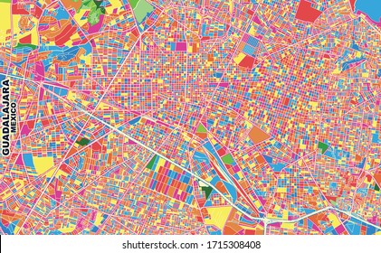 Colorful vector map of Guadalajara, Jalisco, Mexico. Art Map template for selfprinting wall art in landscape format.