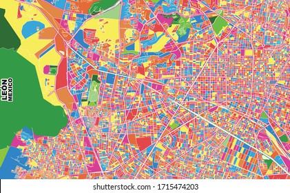 Colorful vector map of León, Guanajuato, Mexico. Art Map template for selfprinting wall art in landscape format.