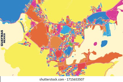 Colorful vector map of Guaymas, Sonora, Mexico. Art Map template for selfprinting wall art in landscape format.