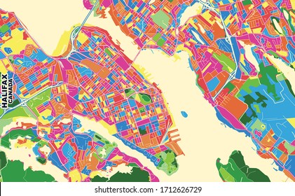 Colorful vector map of Halifax, Nova Scotia, Canada. Art Map template for selfprinting wall art in landscape format.