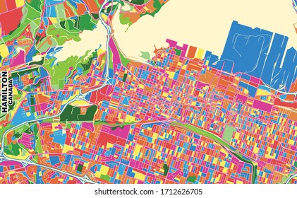 Colorful Vector Map Of Hamilton, Ontario, Canada. Art Map Template For Selfprinting Wall Art In Landscape Format.