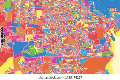 Colorful vector map of Hermosillo, Sonora, Mexico. Art Map template for selfprinting wall art in landscape format.