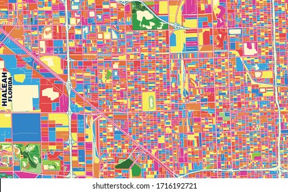 Farbige Vektorillustration Karte von Hialeah, Florida, U.S.A. Art Map Vorlage für selbstdruckende Wandkunst im Landschaftsformat.