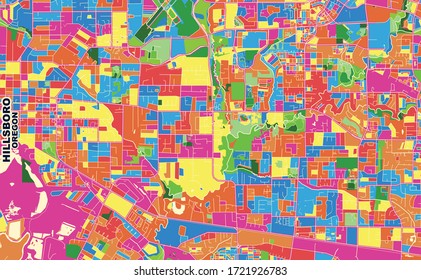 Colorful vector map of Hillsboro, Oregon, USA. Art Map template for selfprinting wall art in landscape format.