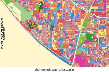 Colorido mapa vectorial de Huntington Beach, California, EE.UU. Plantilla de Mapa de Arte para autoimprimir arte en formato paisajístico.