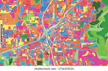 Colorful vector map of Huntsville, Alabama, USA. Art Map template for selfprinting wall art in landscape format.