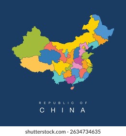 Farbige Vektorkartengrafik der Republik China, die ihre Provinzen in einem modernen, lebendigen flachen Stil zeigt.